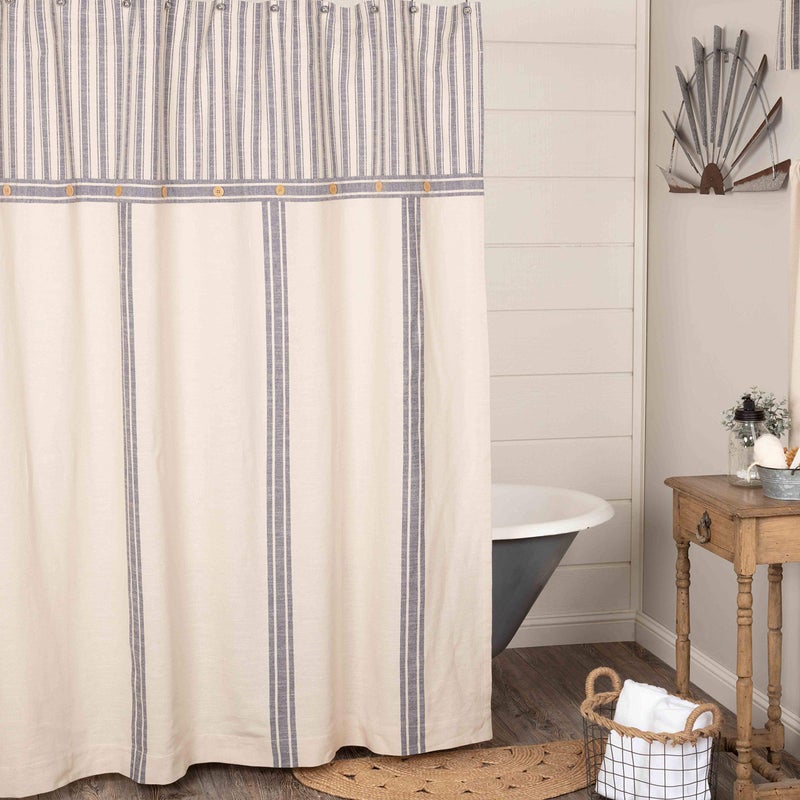 Piper Classics Market Place Blue Ticking and Grain Sack Stripe Shower Curtain - Image 1